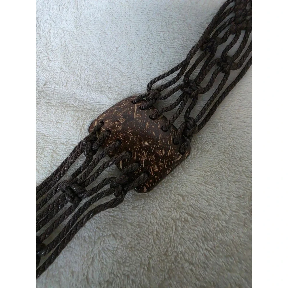 Vintage Boho Macrame Braided Cord Belt Brown Wood Beads Coconut Shell Tassel Tie